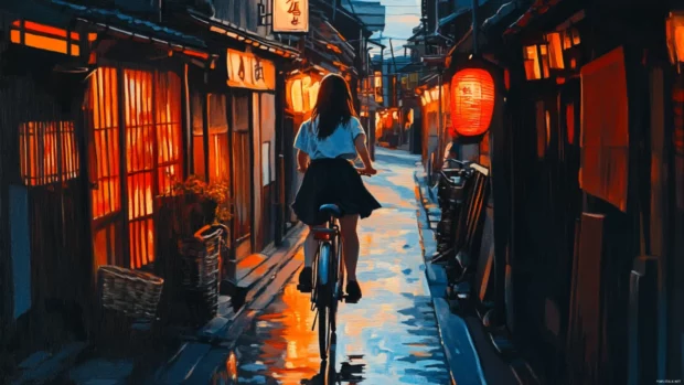 Anime girl riding a bicycle through narrow Kyoto alley at dusk.