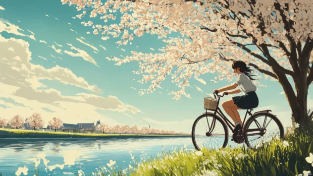 Anime girl riding a vintage bicycle along a riverside in spring.