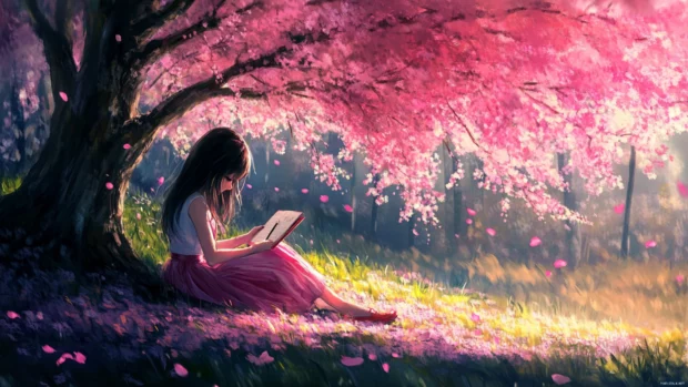 Anime girl seated beneath a sakura tree sketching in her notebook.
