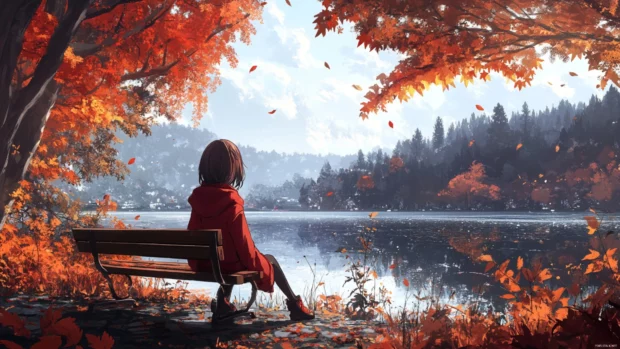 Anime girl sitting on a bench during autumn, simple background, Anime Wallpapers 4K for PC.