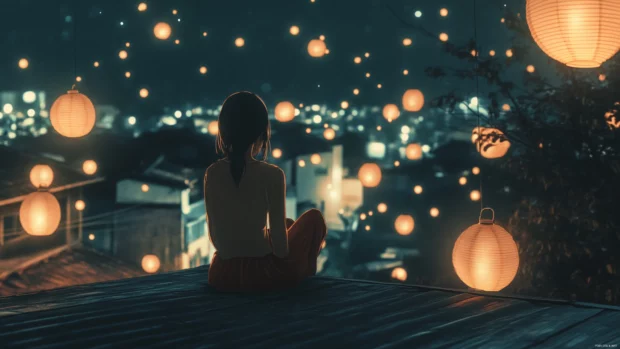 Anime girl sitting on the roof under paper lanterns in warm summer night.