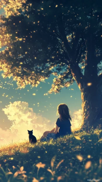 Anime girl sitting under a tree with her cat during summer.