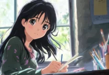 Anime girl sketching near a window, soft interior scene in 4K quality for Anime Wallpapers 4K for PC.