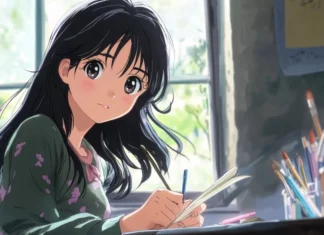 Anime girl sketching near a window, soft interior scene in 4K quality for Anime Wallpapers 4K for PC.