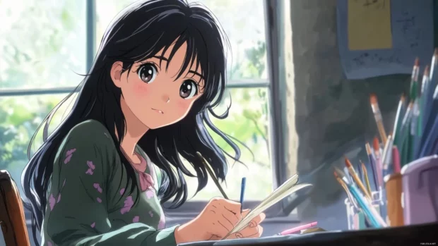 Anime girl sketching near a window, soft interior scene in 4K quality for Anime Wallpapers 4K for PC.