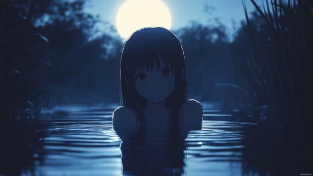 Anime girl smiling gently under moonlight reflected on still water.