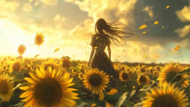 Anime girl standing in a field of sunflowers with wind blowing through her hair.
