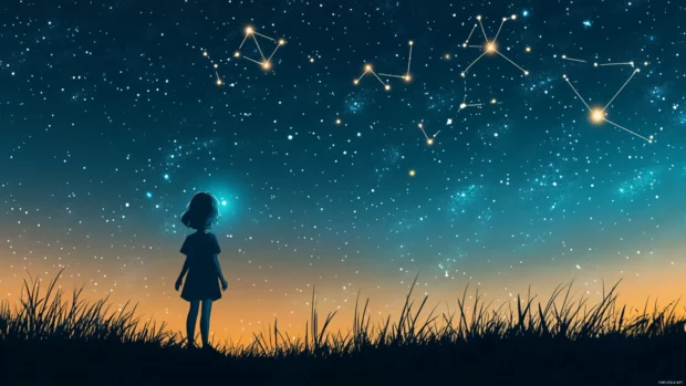 Anime girl stargazing from a hilltop with constellations above her.