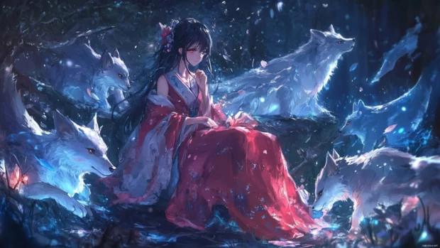 Anime girl surrounded by magical forest creatures in stunning detail, anime girl wallpaper PC.