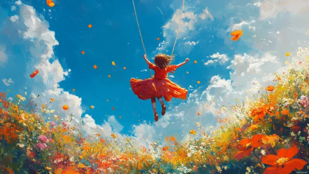 Anime girl swinging above a flower field with bright blue sky.