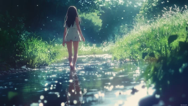 Anime girl walking barefoot across a shallow sparkling stream.