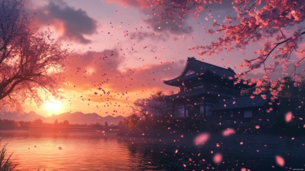 Anime girl wallpaper 4k desktop scene with sakura petals falling at sunset.