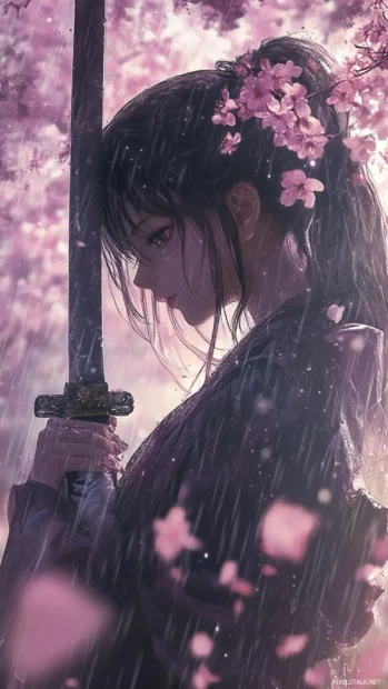 Anime girl wallpaper featuring a sword maiden under the sakura rain.