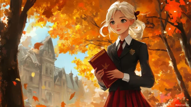 Anime girl wallpaper for desktop with elegant school uniform and autumn background.