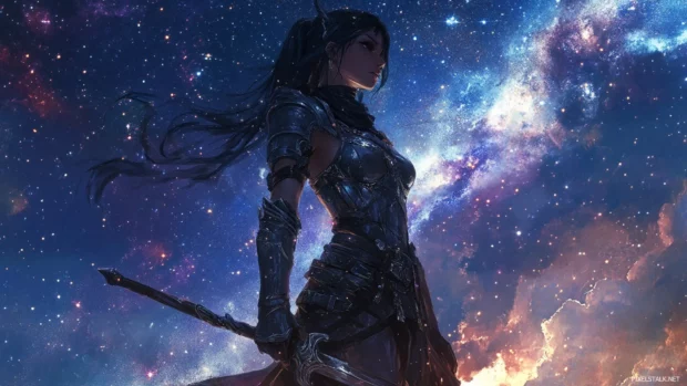 Anime girl wallpaper showing a warrior girl standing proudly under the stars.
