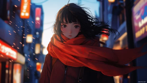 Anime girl with giant scarf in windy street.