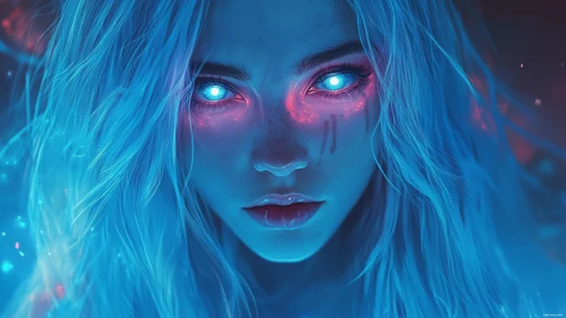 Anime girl with long blue hair and glowing eyes, perfect for anime aesthetic wallpaper PC.