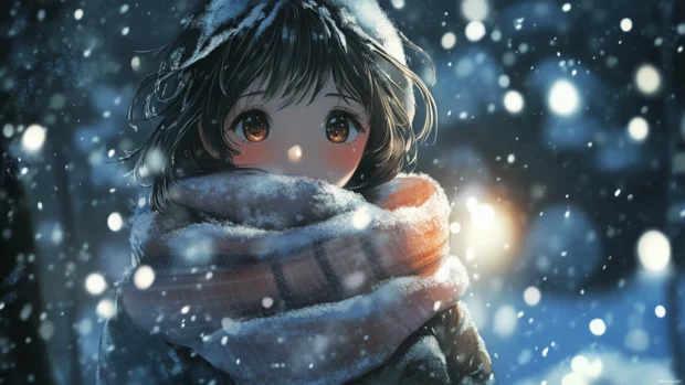 Anime girl wrapped in a cozy scarf during a snowfall.