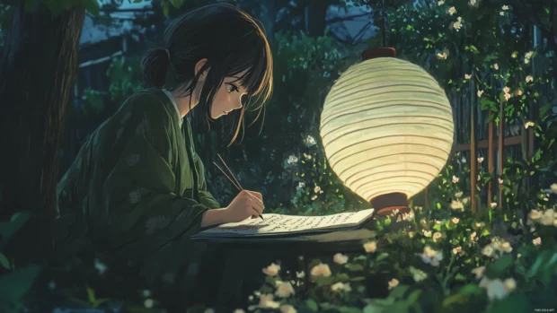 Anime girl writing poetry under a paper lantern in a garden at night.