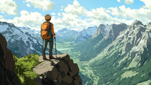 Anime hiker standing on a viewpoint cliff with wide valley below.