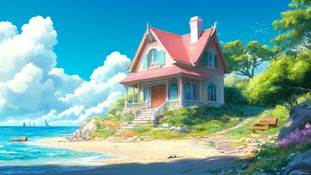 Anime house near the sea with pastel tones, excellent for 4K anime PC backgrounds.