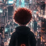 Anime inspired cool boy wallpaper in with futuristic cityscape behind.