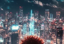 Anime inspired cool boy wallpaper in with futuristic cityscape behind.