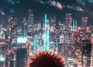Anime inspired cool boy wallpaper in with futuristic cityscape behind.