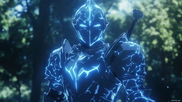 Anime knight shining in glowing battle armor.