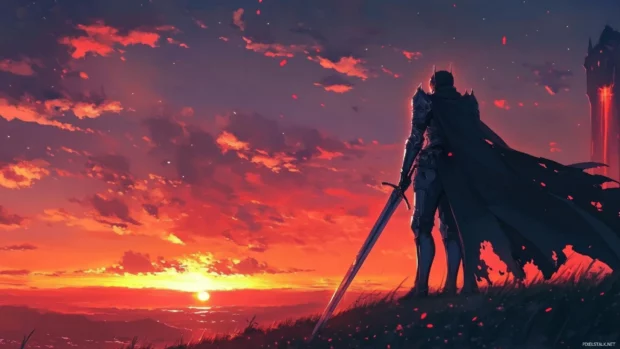 Anime knight with shining armor under sunset, perfect for best anime wallpaper for widescreen.