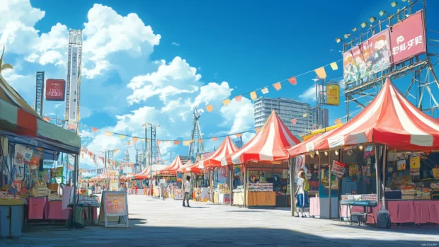 Anime marketplace with pastel tents and sparse crowd.