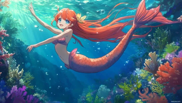 Anime mermaid diving deep into coral reef.