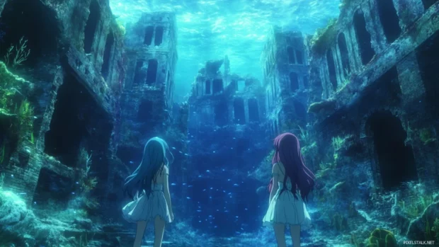 Anime mermaids swimming among glowing underwater ruins.