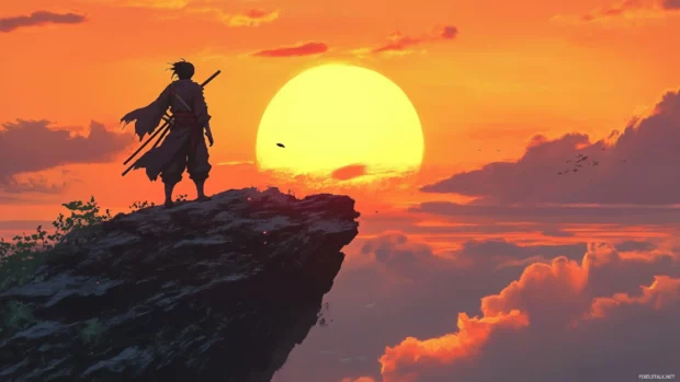 Anime samurai standing on a cliff at sunset.