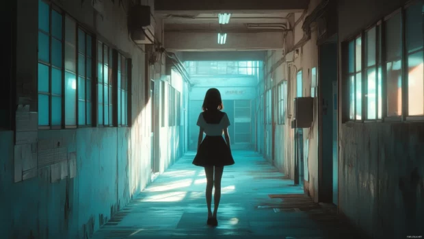 Anime school hallway in morning light, subtle tones, great for Anime Wallpapers 4K PC use.