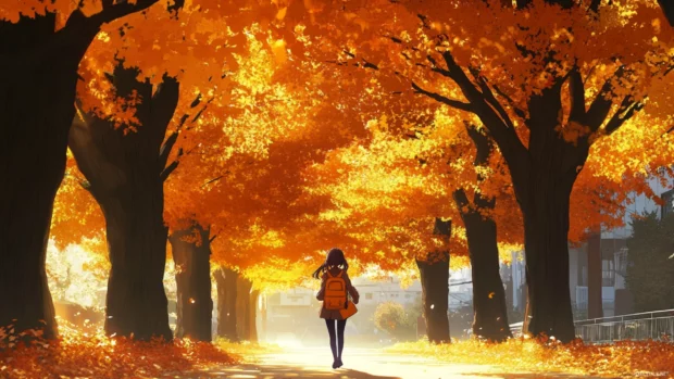 Anime schoolgirl walking under golden autumn trees.