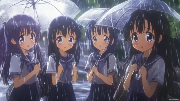 Anime schoolgirls holding umbrellas under softly falling rain.