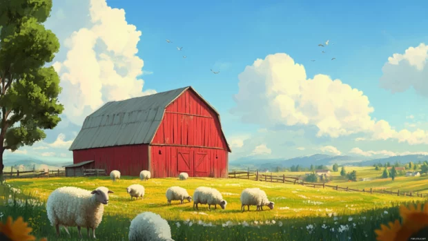 Anime sheep grazing near a red barn in the countryside.