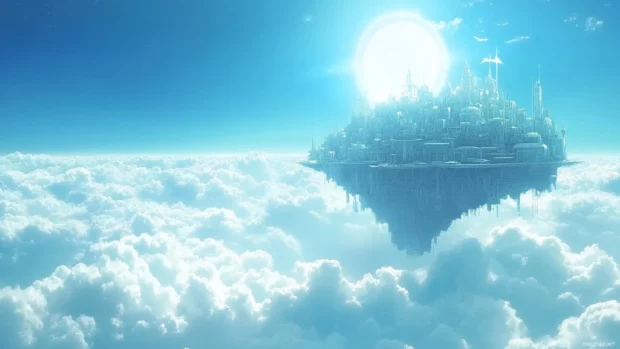 Anime sky city floating above the clouds.