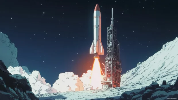 Anime spaceship launching from secret base.