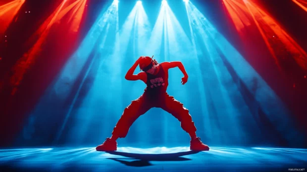 Anime street dancer performing under spotlight.