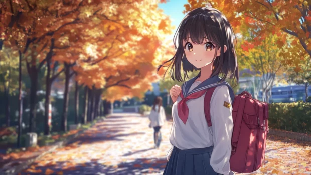 Anime student in uniform walking through autumn path, perfect for anime fantasy landscape wallpaper.