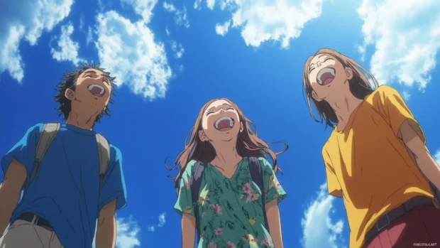 Anime students laughing together under a radiant blue sky.