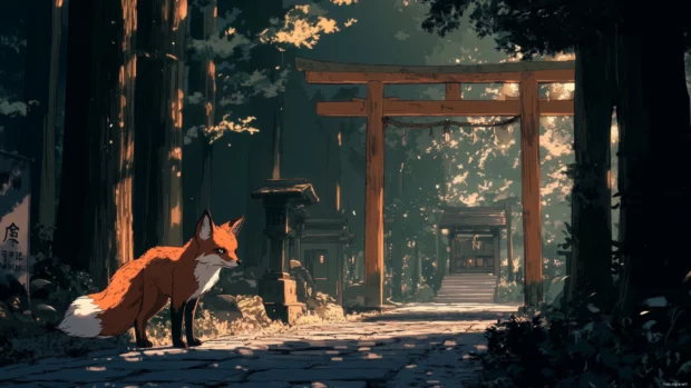 Anime style fox standing near a shrine gate in soft evening light.