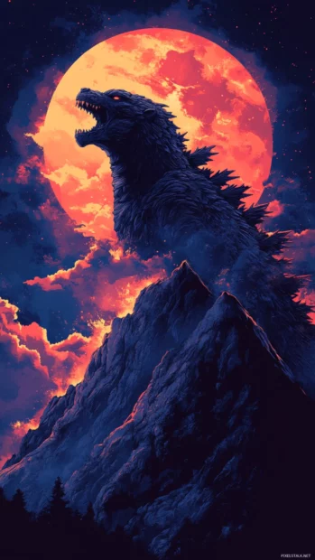 Anime style glow in cool Godzilla wallpaper roaring from mountaintop.