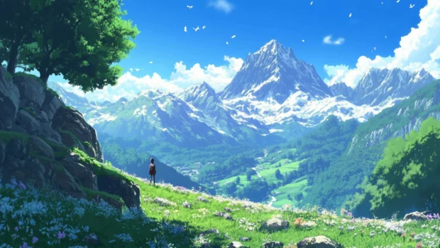 Anime style mountain landscape with a single traveler, perfect for Anime Wallpapers 4K PC setup.