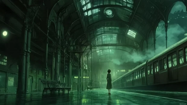 Anime train station with one figure waiting, subtle atmosphere and 4K clarity, Anime Wallpapers 4K for PC.