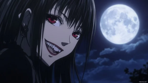 Anime vampire smiling under the full moon.