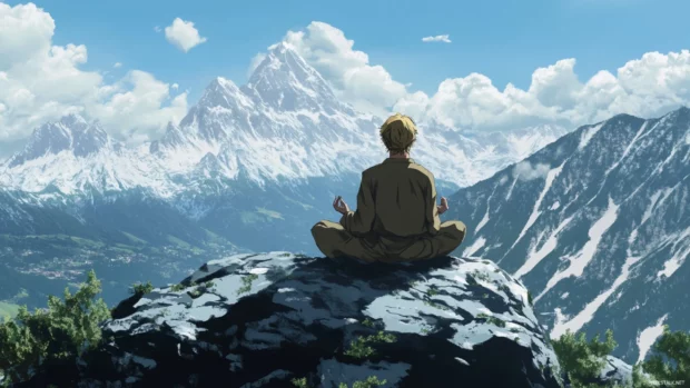 Anime warrior meditating on a mountain peak.