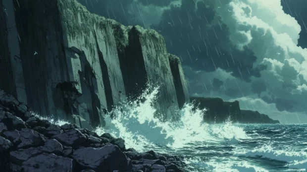 Anime waves crashing dramatically against jagged cliffs under a stormy sky.
